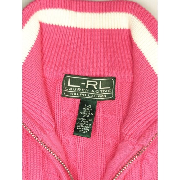 Lauren Ralph Lauren Active Prep Womens Cotton Pink Cable Knit Sweater Full Zip - Picture 2 of 10